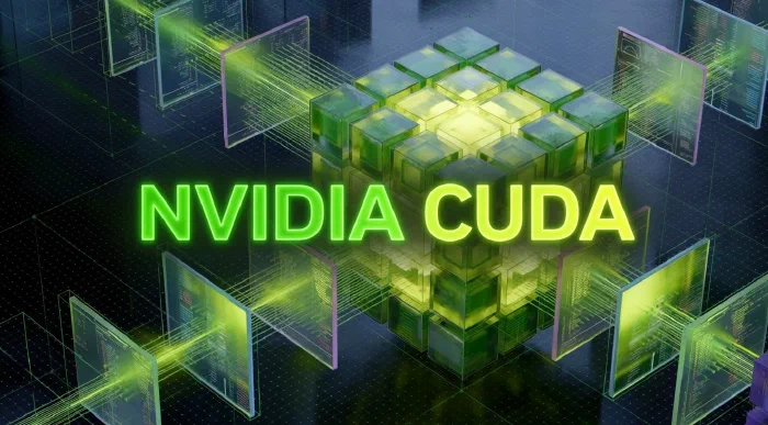 NVIDIA CUDA branding over a stylized grid of glowing green compute blocks