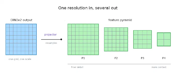 A single blue grid labelled DINOv2 output, an arrow marked projector, and four green grids of decreasing size labelled P1 to P4