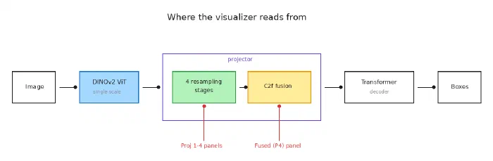 A pipeline from image to DINOv2 to the projector's four resampling stages and C2f fusion, then the transformer decoder and boxes, with the visualiser panels marked underneath